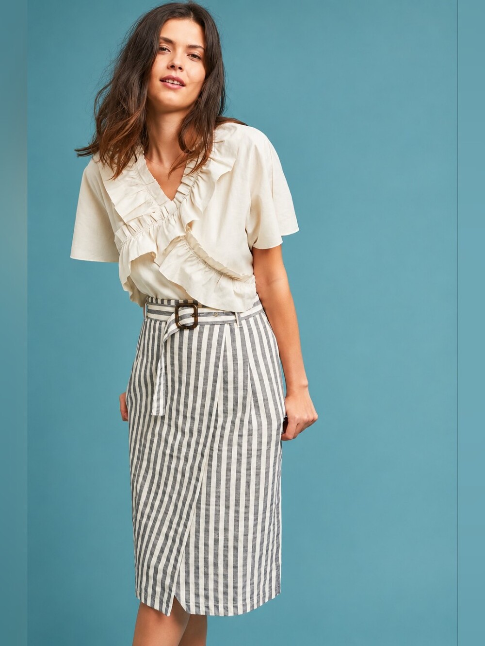 Anthropologie Midi Pencil Skirt Wrap Belted Striped Blue White With Pockets 6 S